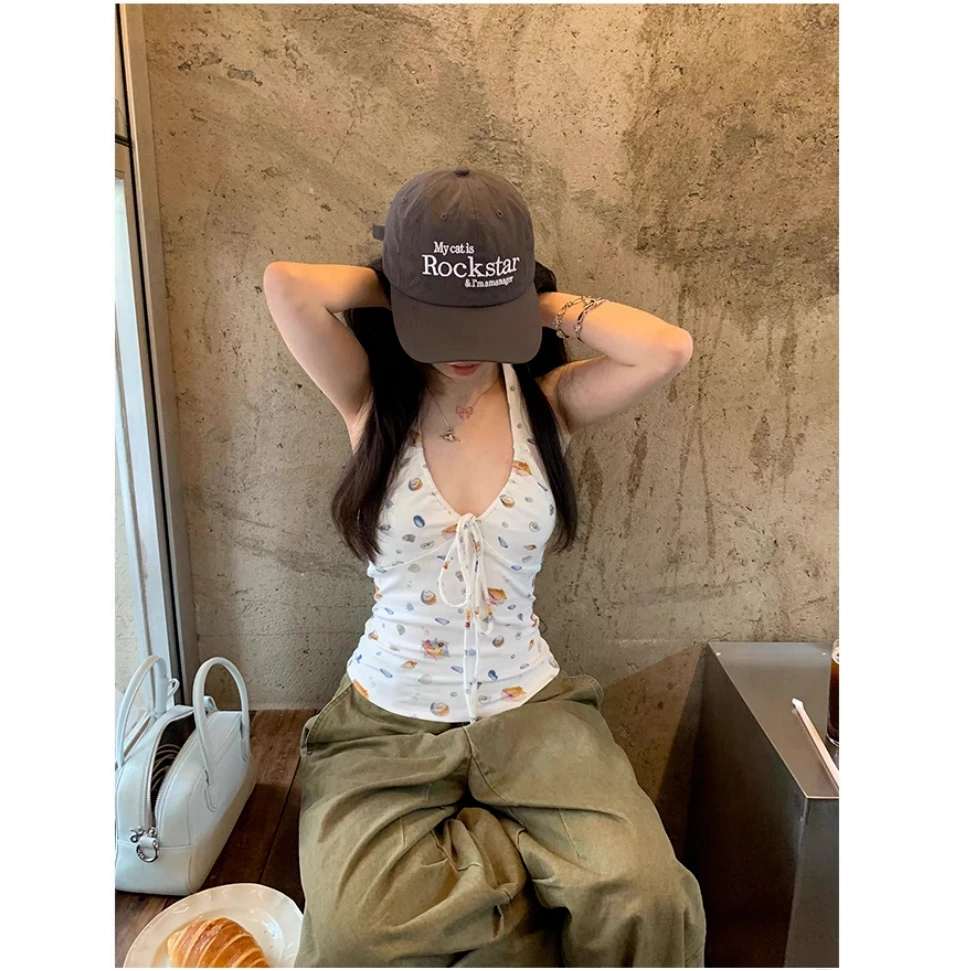 海底世界贝壳印花绑带设计挂脖吊带背心女夏外穿上衣