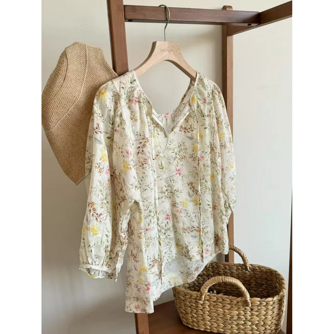 实物好美！太好看了！细腻柔软碎花中袖衬衫女夏季宽松灯笼袖上衣