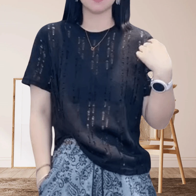 韩系圆领破洞短袖T恤女2025年夏季大码洋气减龄遮肉显瘦正肩上衣