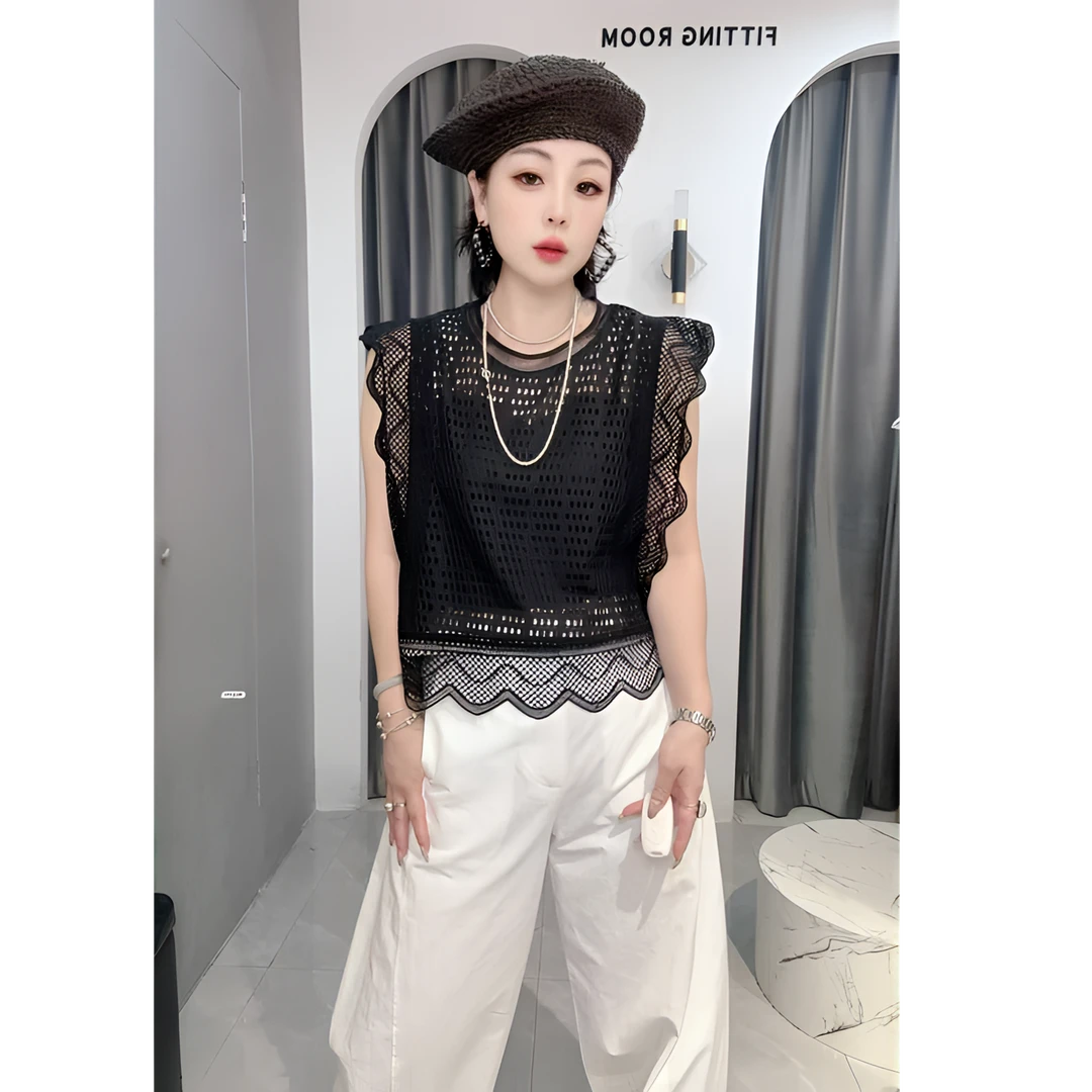【依尚精选】镂空网纱飞飞袖背无袖花边上衣洋气小衫T恤