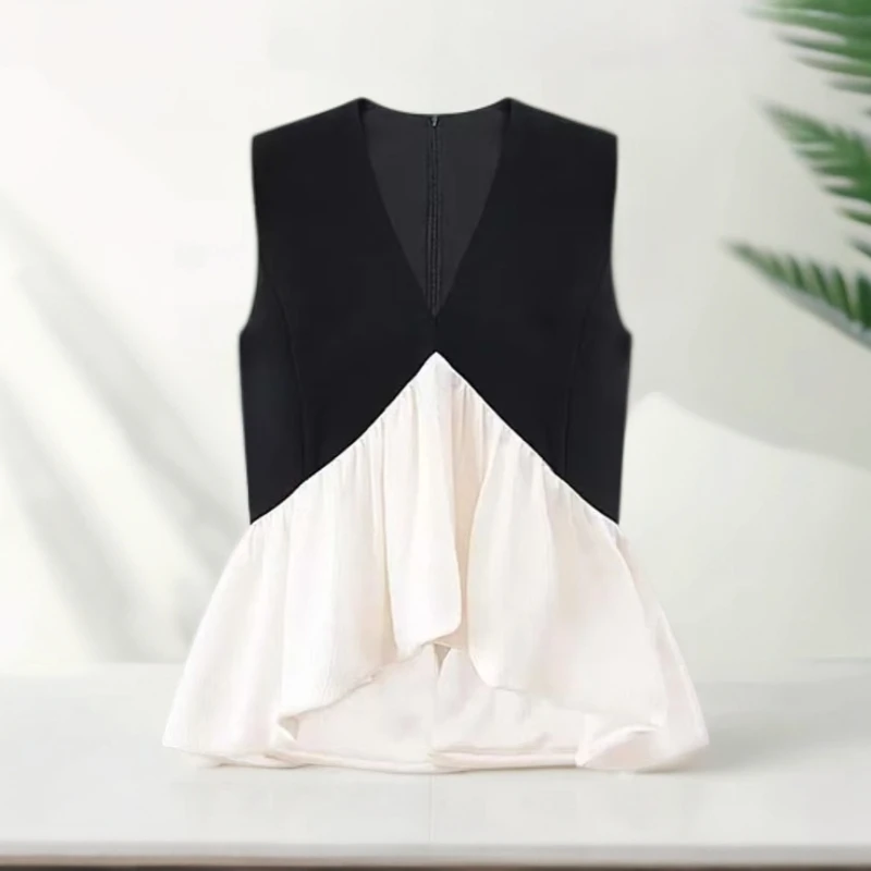 『时尚名媛』夏季穿搭新款法式美学醋酸荷叶V领上衣