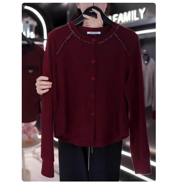 大码镶钻圆领时尚高级感长袖T恤女2025春季新款洋气别致显瘦上衣