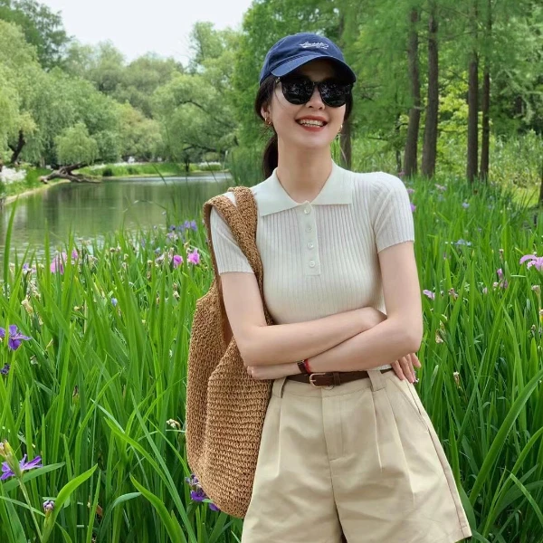 【柠檬气泡水】2025新款休闲简约气质POLO衫高腰女裤夏季清凉套装