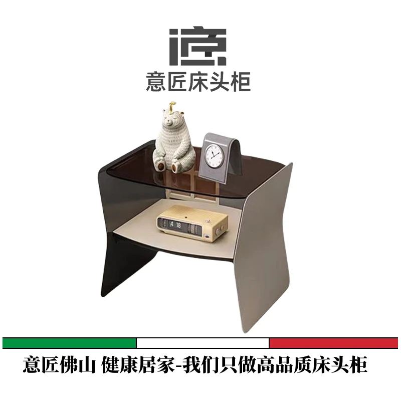 【工厂直销】佛山意匠范意式极简不锈钢马鞍皮玻璃床头柜卧室床边柜