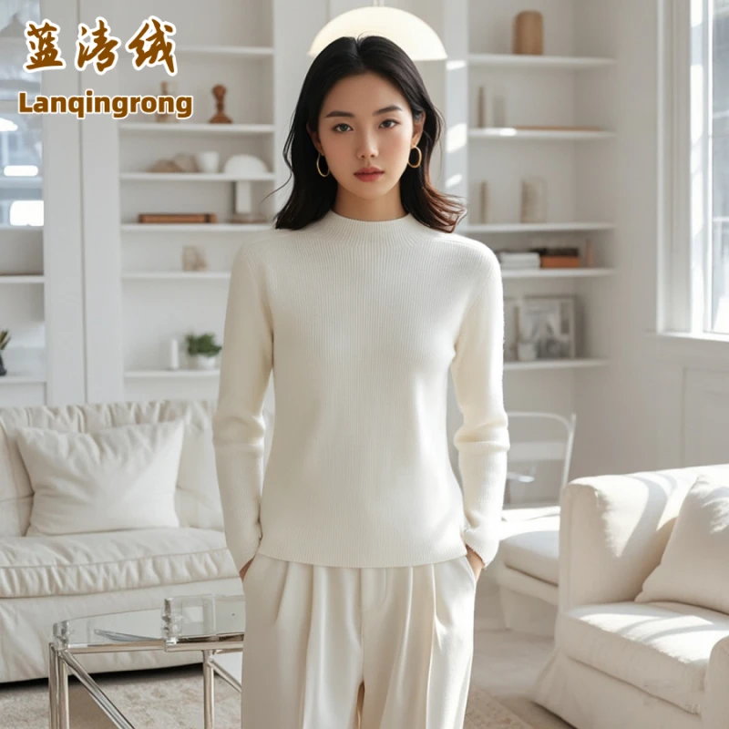 蓝清绒100%纯羊绒衫女半高领修身秋冬季针织衫毛衣打底衫条纹正品