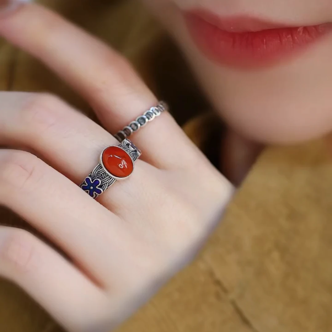 复古做旧红豆轻奢淡雅气质花朵文艺钱多多古风国潮小众开口戒指女