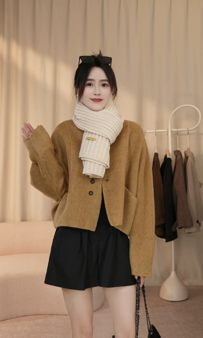 【AM自制】小香风气质羊毛小个子短款时尚休闲黑色宽松