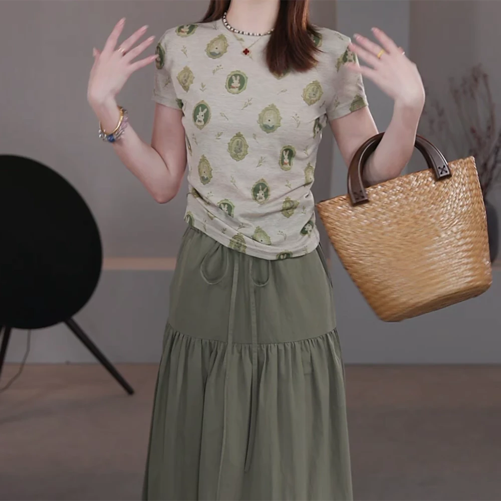 夏季2025年新款修身显瘦短袖薄款天丝T恤上衣女C5370