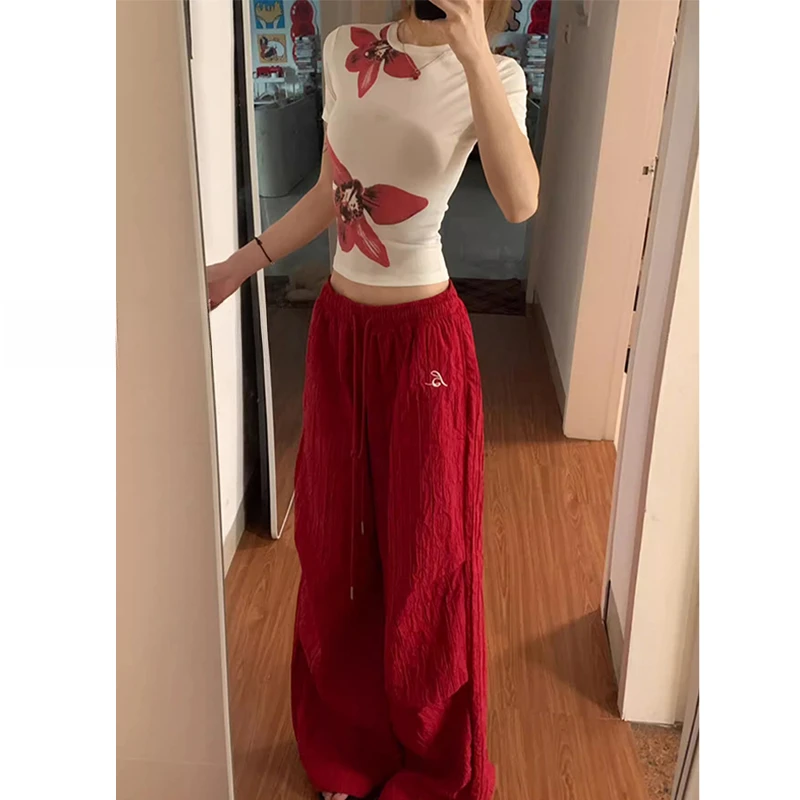 红色街舞肌理休闲裤女夏季新款慵懒风bf垂感显瘦阔腿直筒裤子爆款