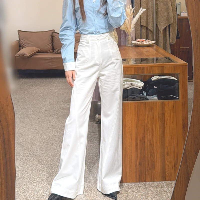 早春百搭新款小众设计感高腰宽松阔腿裤显瘦斜杠微喇西装裤长裤