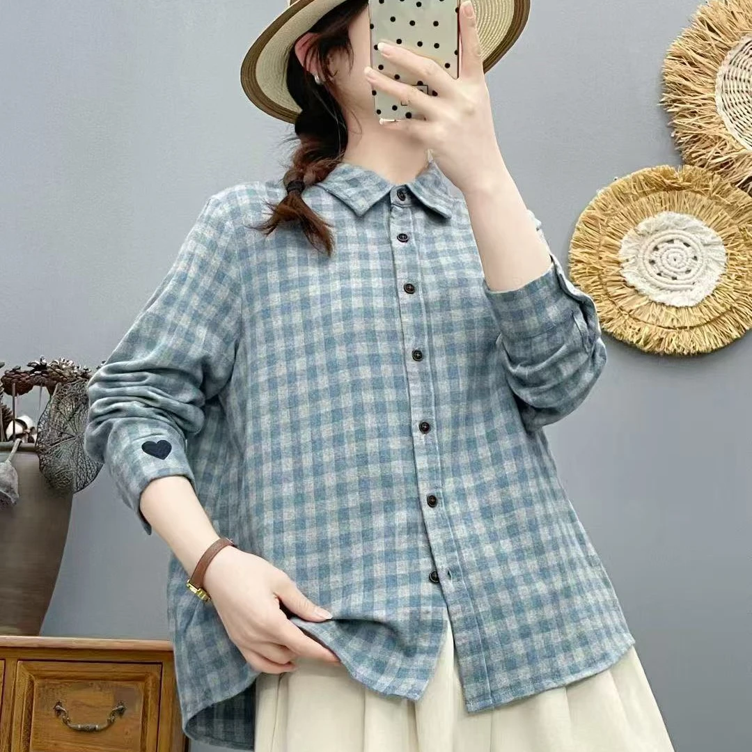 100%纯棉新款磨毛女款格子衬衣简约风休闲百搭长袖衬衫86688
