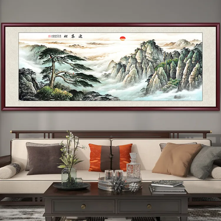 迎客松山水画国画客厅装饰画风景画办公室挂画高档中式背景墙壁画