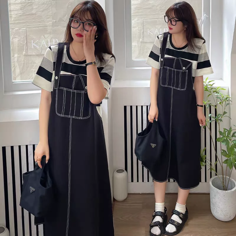 86877(e2)韩版休闲撞色假两件拼接连衣裙夏款休闲条纹女裙显瘦