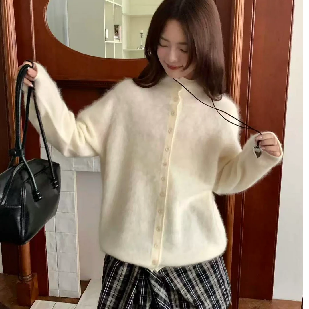 山羊绒拉绒韩系气质单排扣立领卷边针织开衫女百搭显瘦羊毛衫外套