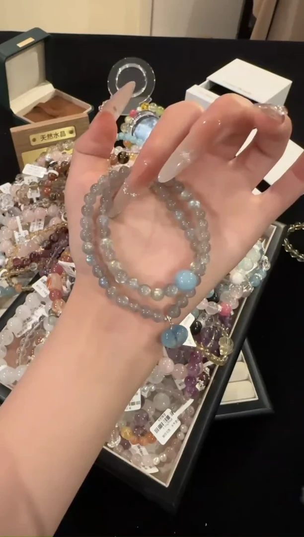 水晶手链银S925镶嵌灰月光x1179