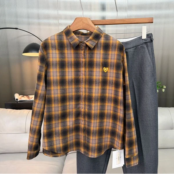 原里（暖金磨毛)时尚轻奢韩版加厚格子女衬衫高级感保暖格纹女衬衣