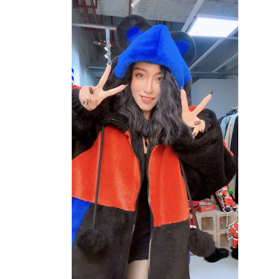 粉色福利十三行 热点 加绒加厚 熊耳朵 撞色 毛绒大外套