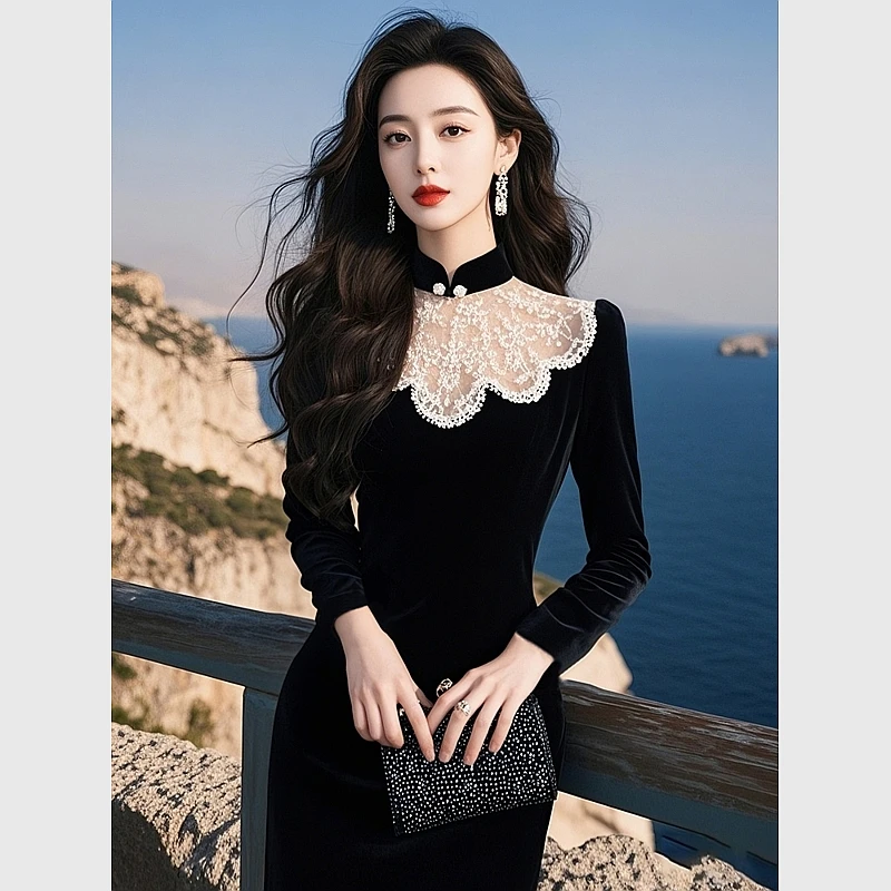 2025富家千金高级感重要场合气质名媛高端小香风黑色丝绒连衣裙