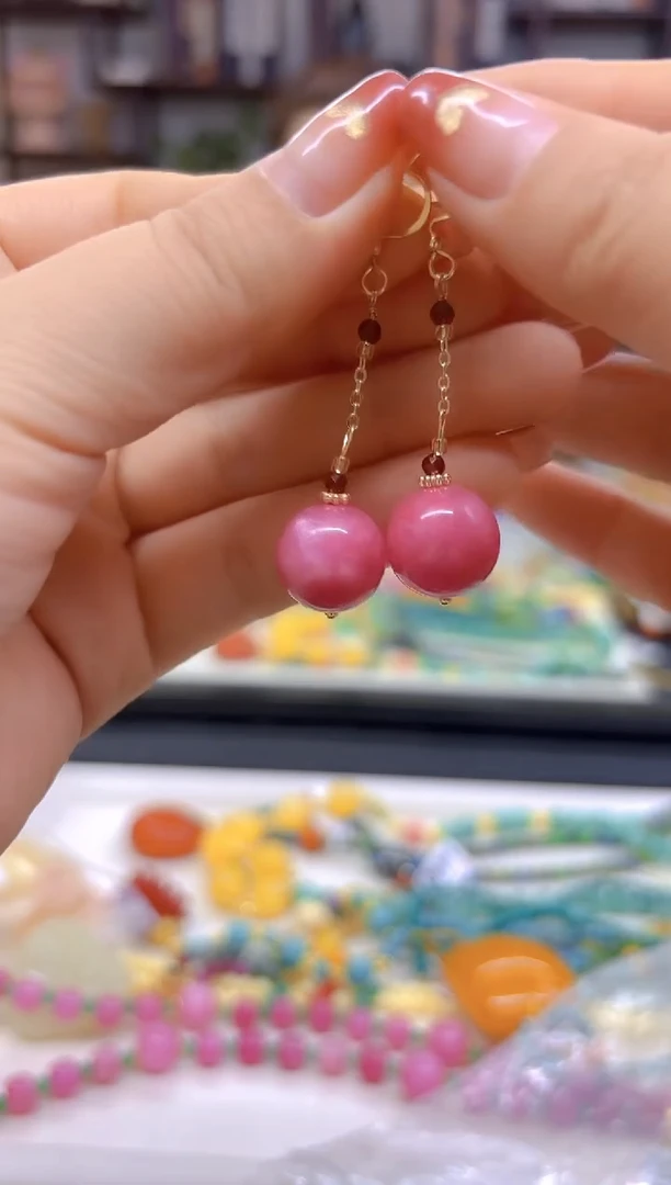 【闪购商品】菱锰矿（红纹石）耳坠14K金镶嵌耳饰E613