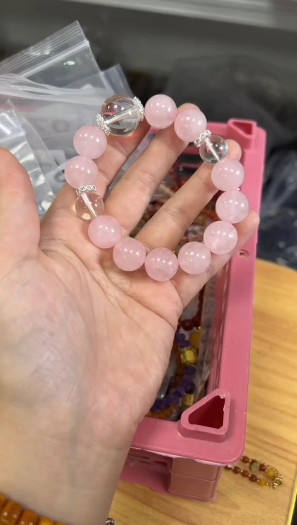 水晶手链未镶嵌马粉粉水晶大珠白水晶手串[0794]