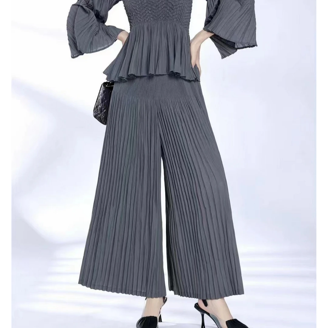 【吉米澜】新款时尚气质褶皱高腰宽松休闲阔腿裤春秋季大摆裤裙