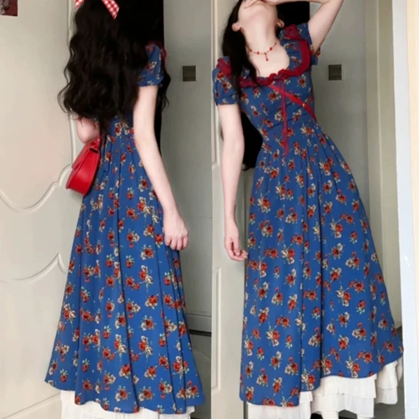 【蔡蔡专属】夏季新款法式复古收腰碎花连衣裙泡泡袖女长裙