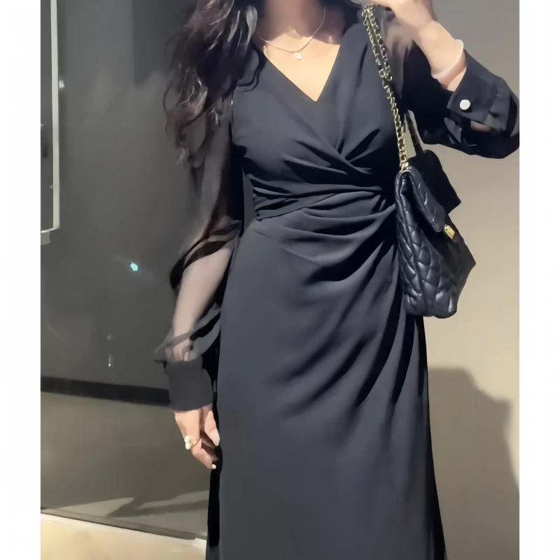 初秋时尚风轻职风v领赫本风褶皱百搭系带V领长袖连衣裙收腰显瘦裙