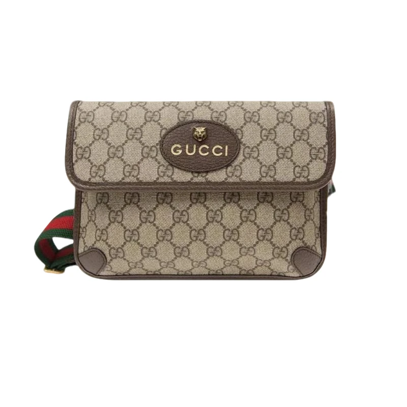 99新 GUCCI/古驰 虎头老花Logo帆布腰包单肩斜挎包