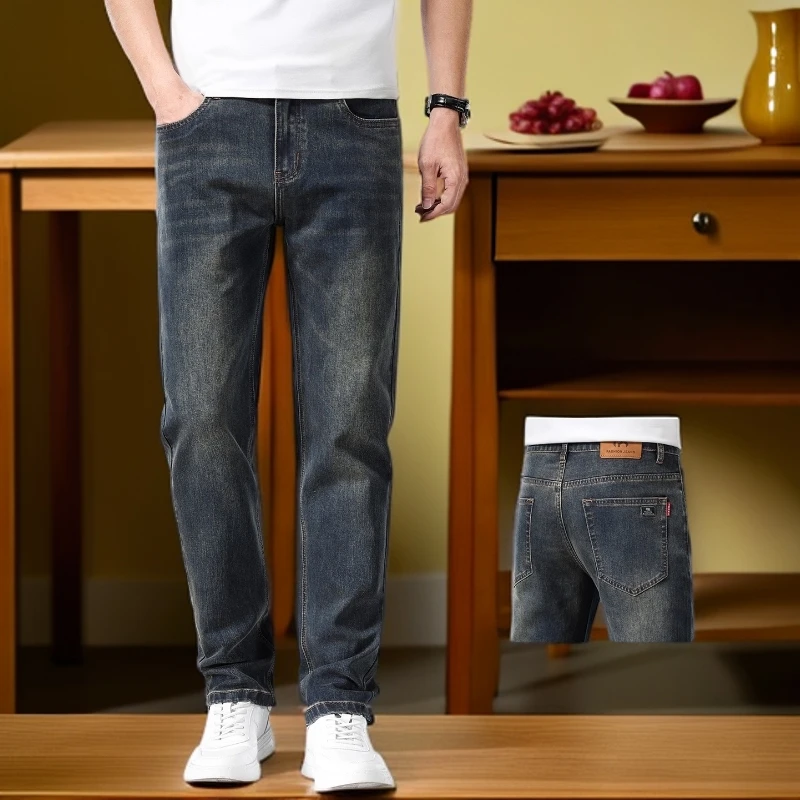 维斯克纳时尚复古直筒牛仔裤男水洗做旧水泥灰裤子男夏季薄款男裤
