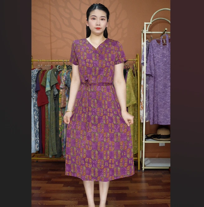 【紫香花格】国风妈妈装宽松连衣裙高档中年女装秋夏季优雅气质长裙