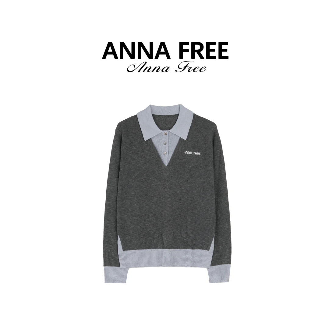 ANNA FREE 新款学院风套头针织翻领衬衫拼色上衣Z8491