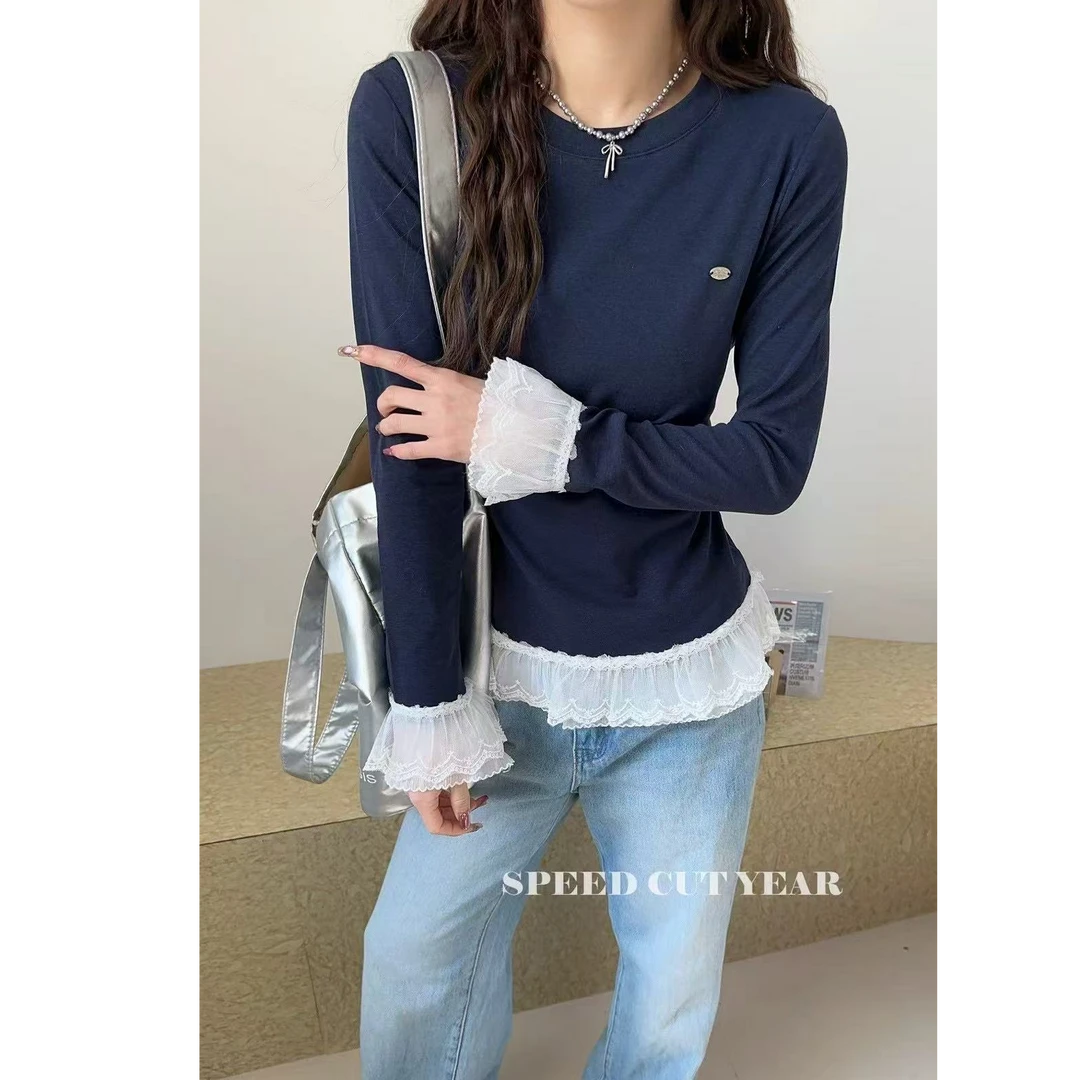 2025春季韩国爆款圆领蕾丝花边拼接长袖打底衫39103