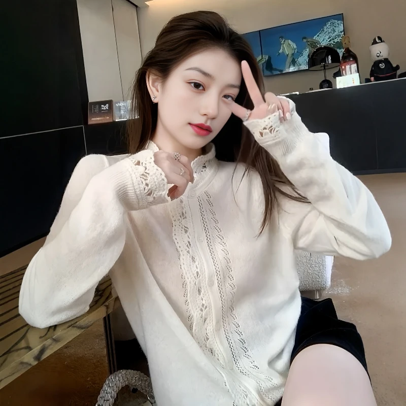 大码女装蕾丝提花拼接针织开衫毛衣秋冬新款胖mm显瘦内搭打底上衣