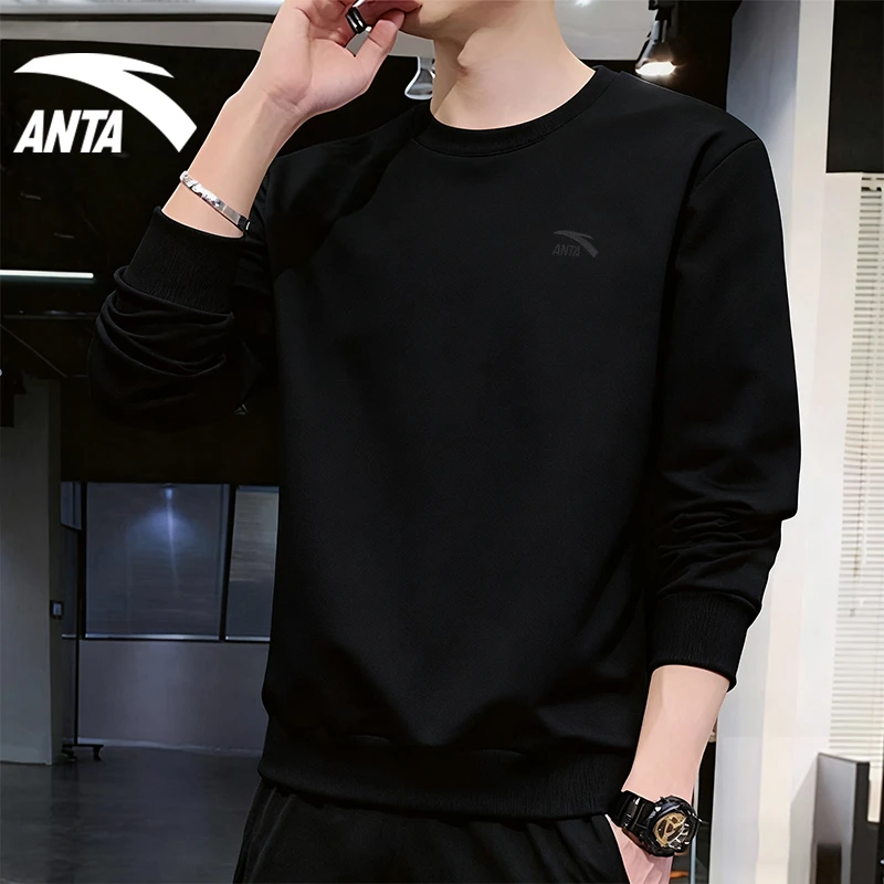 安踏卫衣男款冬季新款官方正品运动套头衫黑色长袖休闲百搭t恤男