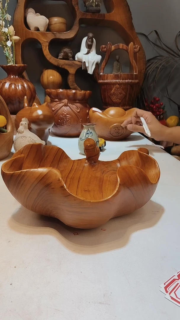 香樟木A19喜鹊果盆/尺寸34*26*10