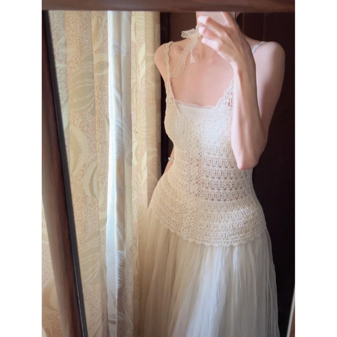 2025早春新款甜美温柔风抹胸V领镂空吊带上衣高腰仙女网纱半身裙