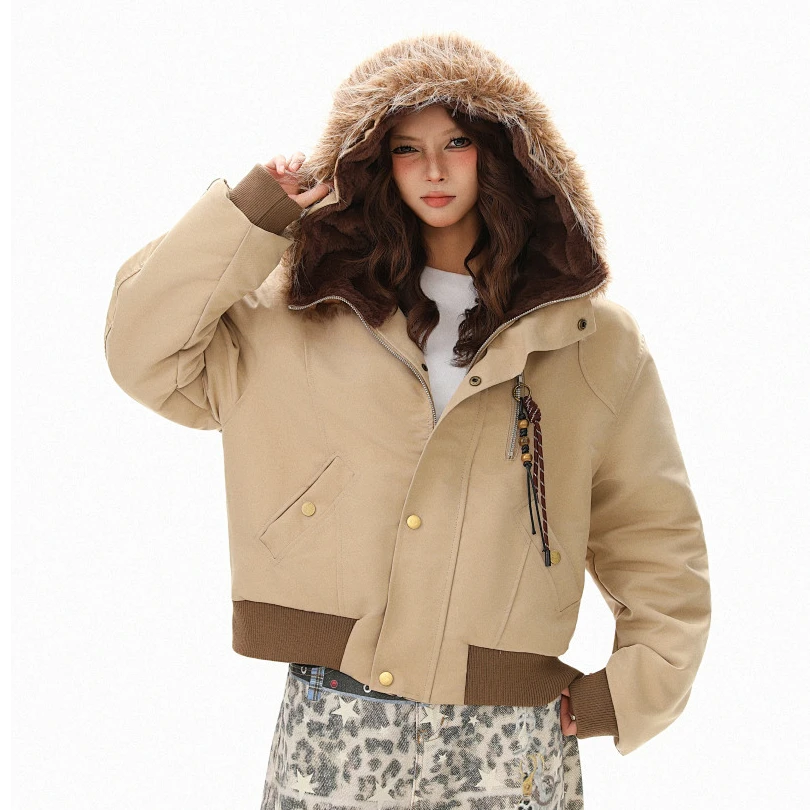 欧美运动复古街头拉链装饰毛领保暖连帽棉服简约中性宽松棉衣外套