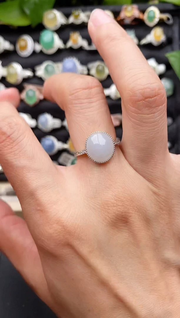 【闪购商品】翡翠戒指银S925镶嵌缅甸天然A货翡翠33  7-9