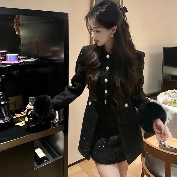 8233【朵拉】大码女装小香风气质名媛高级感中长款外套+半身裙套装