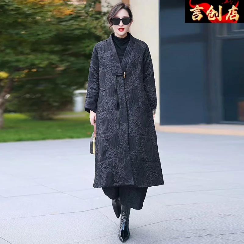 70718冬季高端浮雕提花夹棉长外套复古国风禅意加厚保暖棉衣290