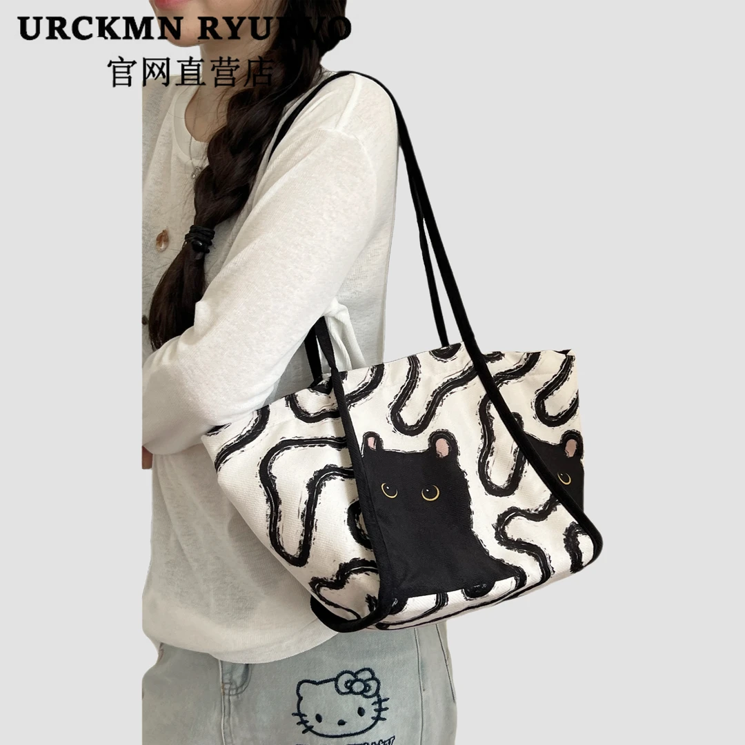 URCKMN RYURVO可爱卡通猫咪单肩帆布包韩系ins慵懒风大容量托特包