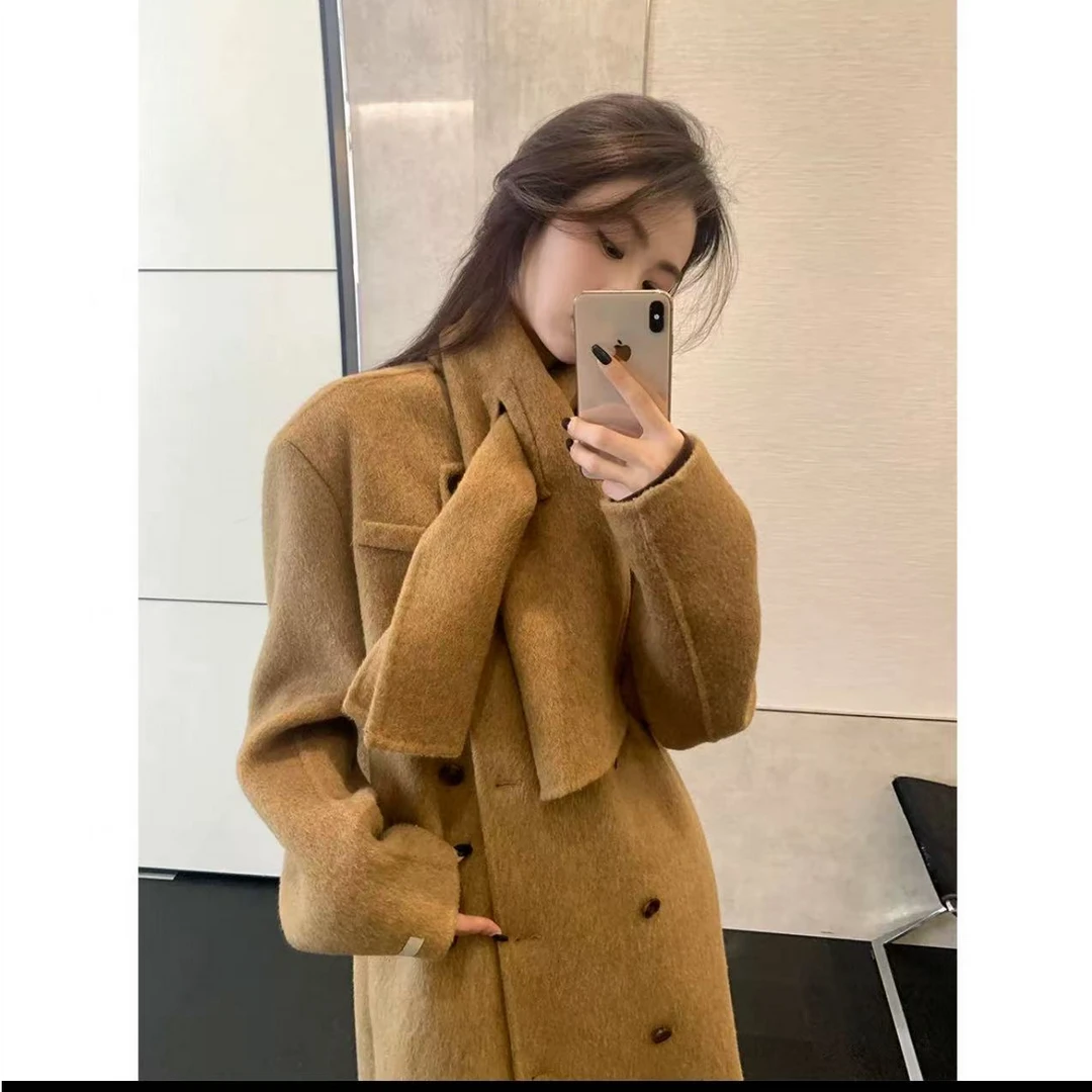 8822画报大衣 coat 复古围巾款翻领长款双面羊毛大衣