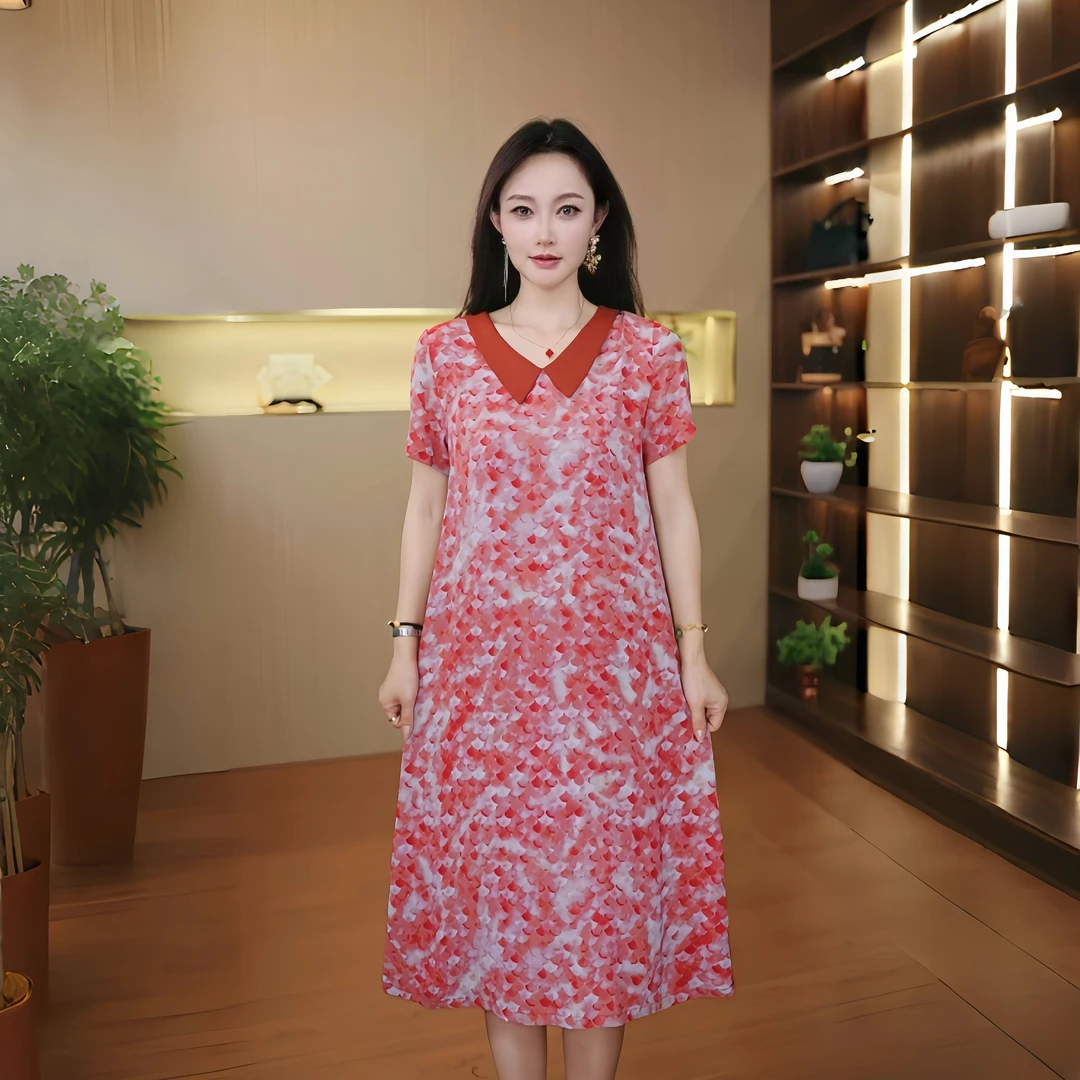 10323-夏季新款时尚连衣裙中长款妈妈显瘦短袖气质碎花裙子【G仓】