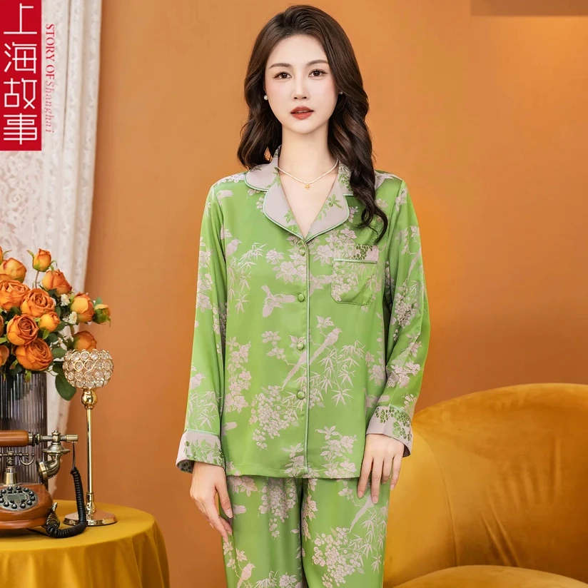 上海故事睡衣女士新款国风草长莺飞套装长袖秋冬家居服套装