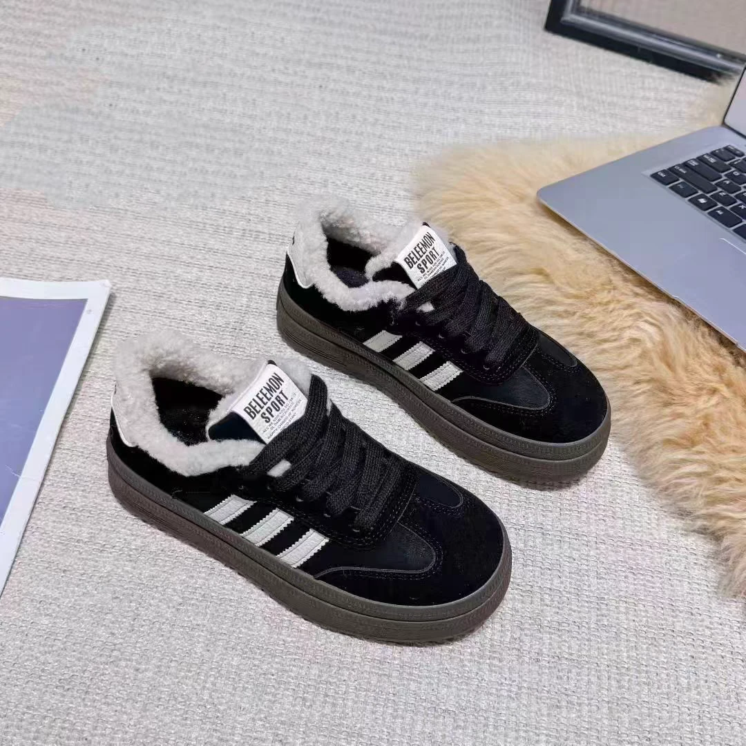 556 黑色爆款加绒厚底德训鞋2025秋冬保暖棉鞋女德训鞋防滑休闲鞋