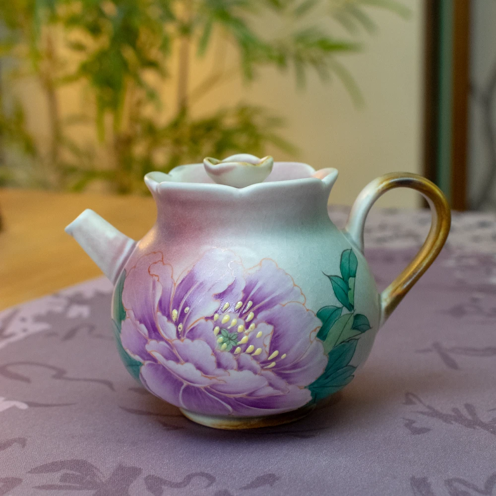 领丰 李辉熠富贵紫牡丹柴烧手绘复古花边壶家用陶瓷功夫茶泡茶壶