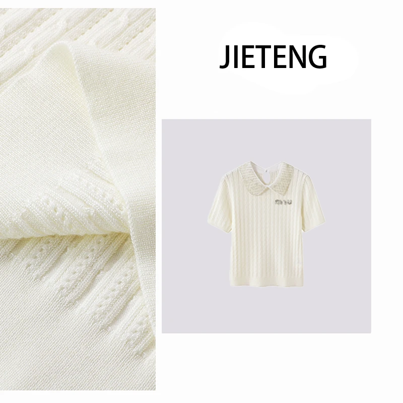 JITE 夏季百搭米白色领口超重工钉珠甜美翻领修身款针织短袖-2012