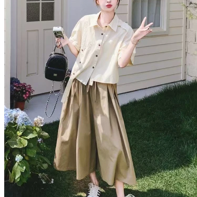 不规则工装套装时尚温柔气质哺乳款上衣+宽松阔腿衬衫裙裤两件套.