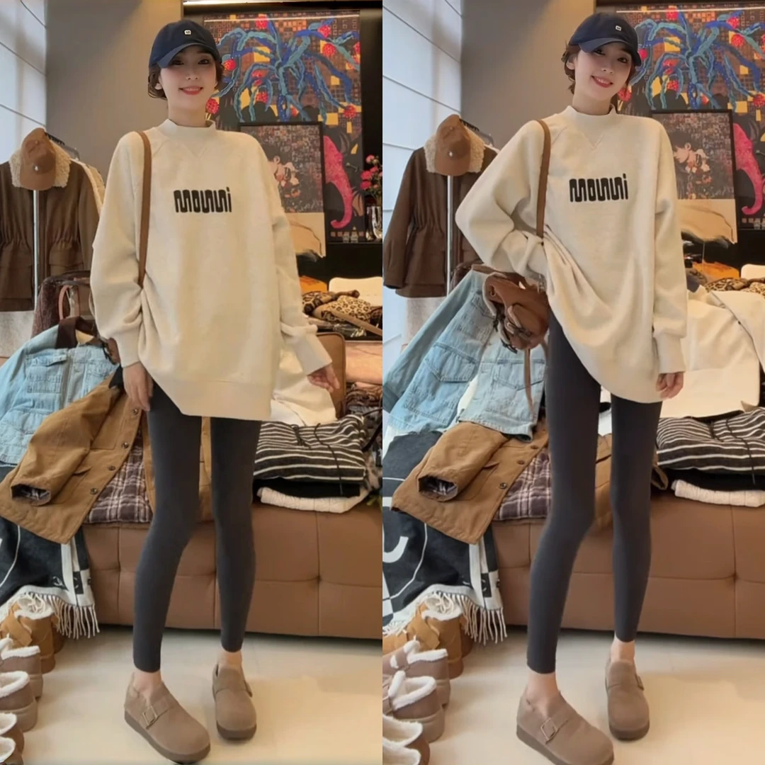 上身嘎嘎显瘦!时尚字母印花加厚长袖卫衣女冬季半高领中长款上衣