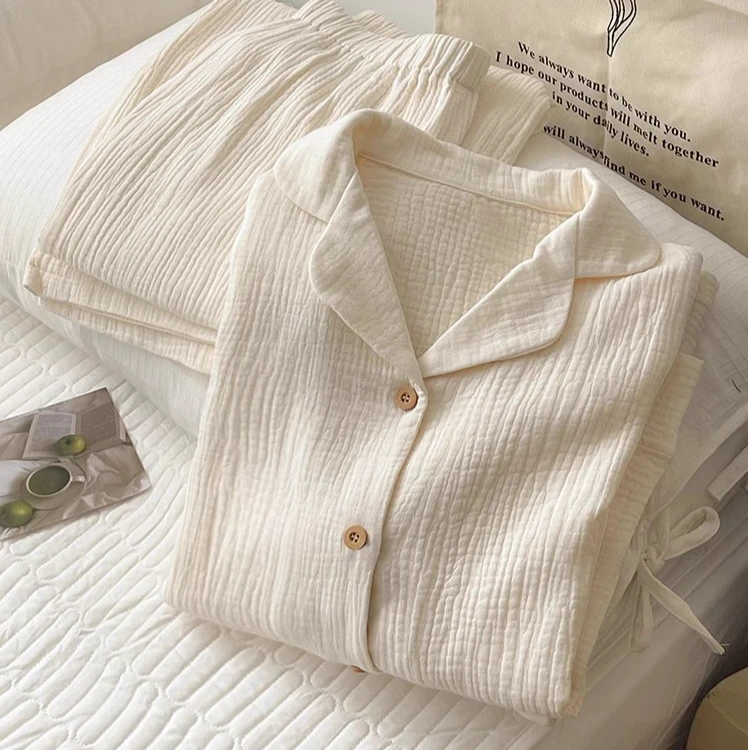 韩版简约设计感高级棉纱睡衣女款春秋新款亲肤婴儿纱家居服套装夏